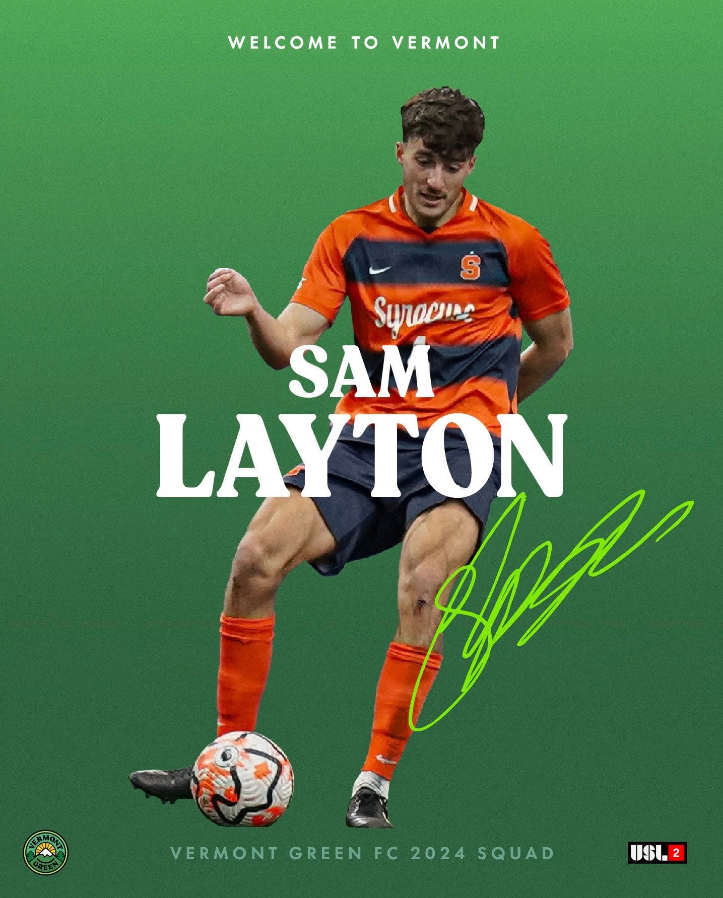 Vermont Green FC Adds Syracuse Midfielder Sam Layton Post image