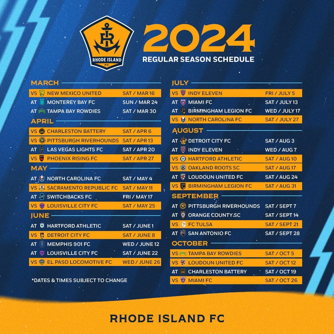 Rhode Island FC Announces Inaugural Schedule Post image